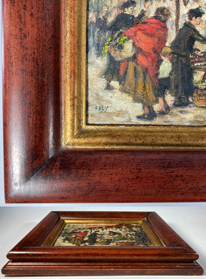 Pair Antique to Vintage French Market Oil Painting Pair, in Wood Frame