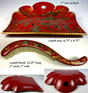 Antique Napoleon III Era French Papier Maché Bread Tray, Crumb & Brush, Red Chinoise