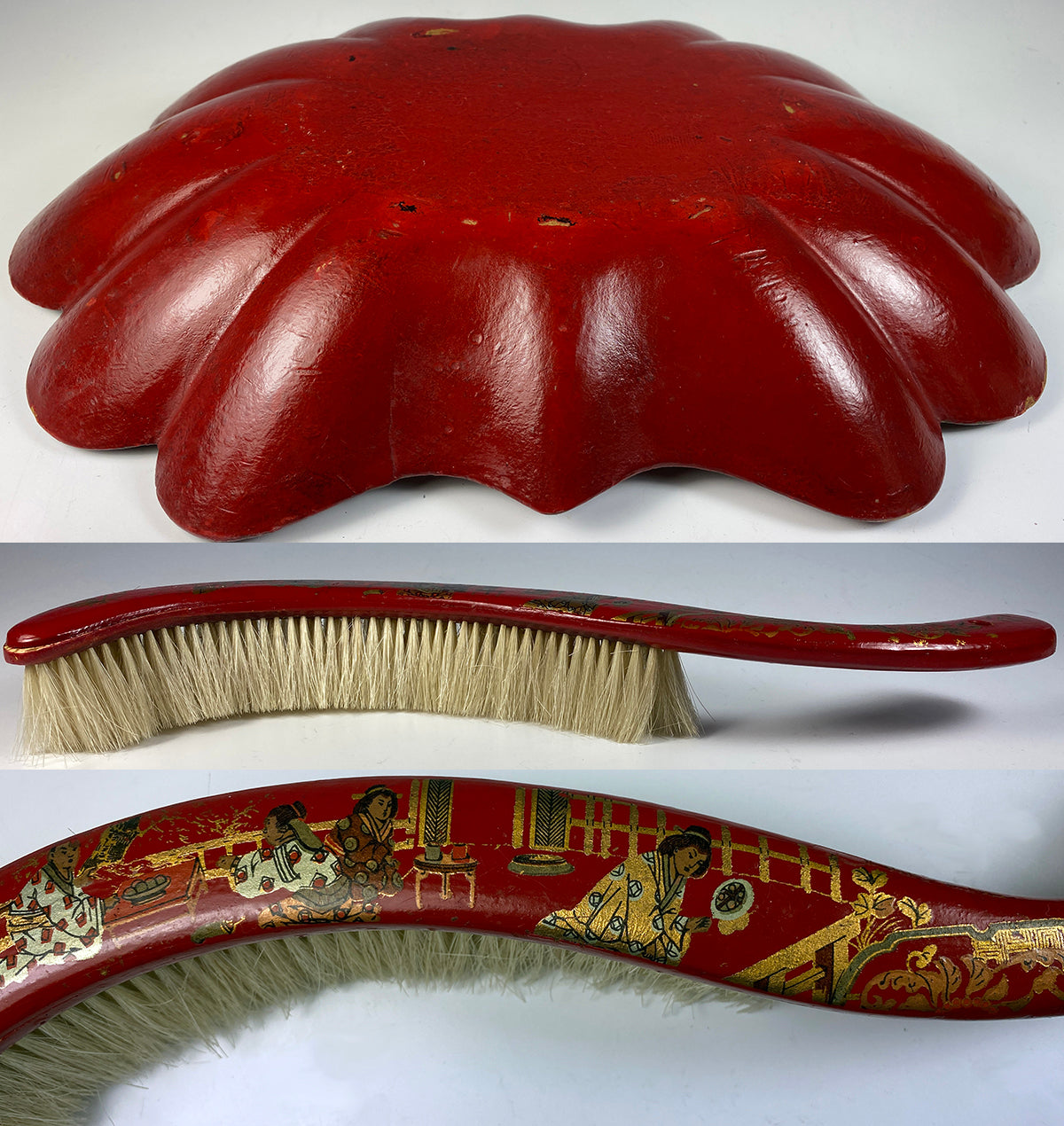 Antique Napoleon III Era French Papier Maché Bread Tray, Crumb & Brush, Red Chinoise