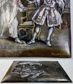 Antique French Limoges Kiln-fired Enamel, Cavalier Courting, Interior, Signed, in Metal Frame
