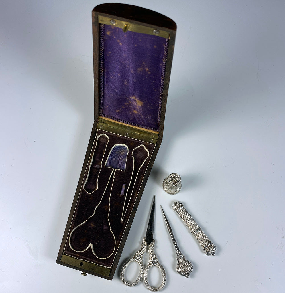 Antique French Napoleon III Era Sewing Set, .800/1000 (almost Sterling) Implements, Scissors, Thimble, etc.,