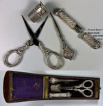 Antique French Napoleon III Era Sewing Set, .800/1000 (almost Sterling) Implements, Scissors, Thimble, etc.,