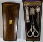 Antique French Napoleon III Era Sewing Set, .800/1000 (almost Sterling) Implements, Scissors, Thimble, etc.,