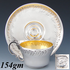 Antique French Sterling Silver Coffee or Tea Cup & Saucer, Louis XV or Rococo Style Decoration