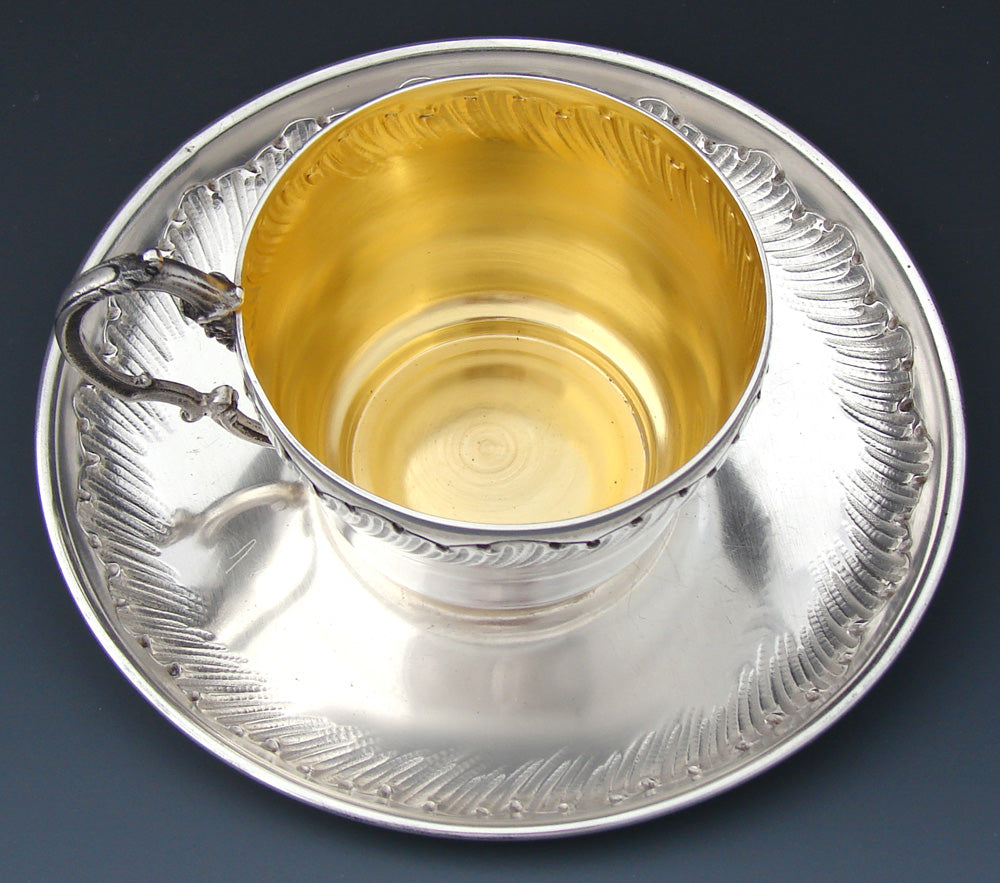 Antique French Sterling Silver Coffee or Tea Cup & Saucer, Louis XV or Rococo Style Decoration