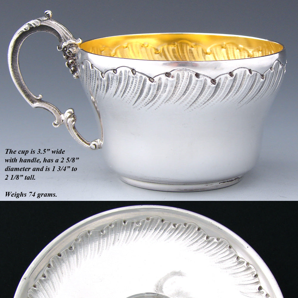 Antique French Sterling Silver Coffee or Tea Cup & Saucer, Louis XV or Rococo Style Decoration