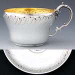 Antique French Sterling Silver Coffee or Tea Cup & Saucer, Louis XV or Rococo Style Decoration