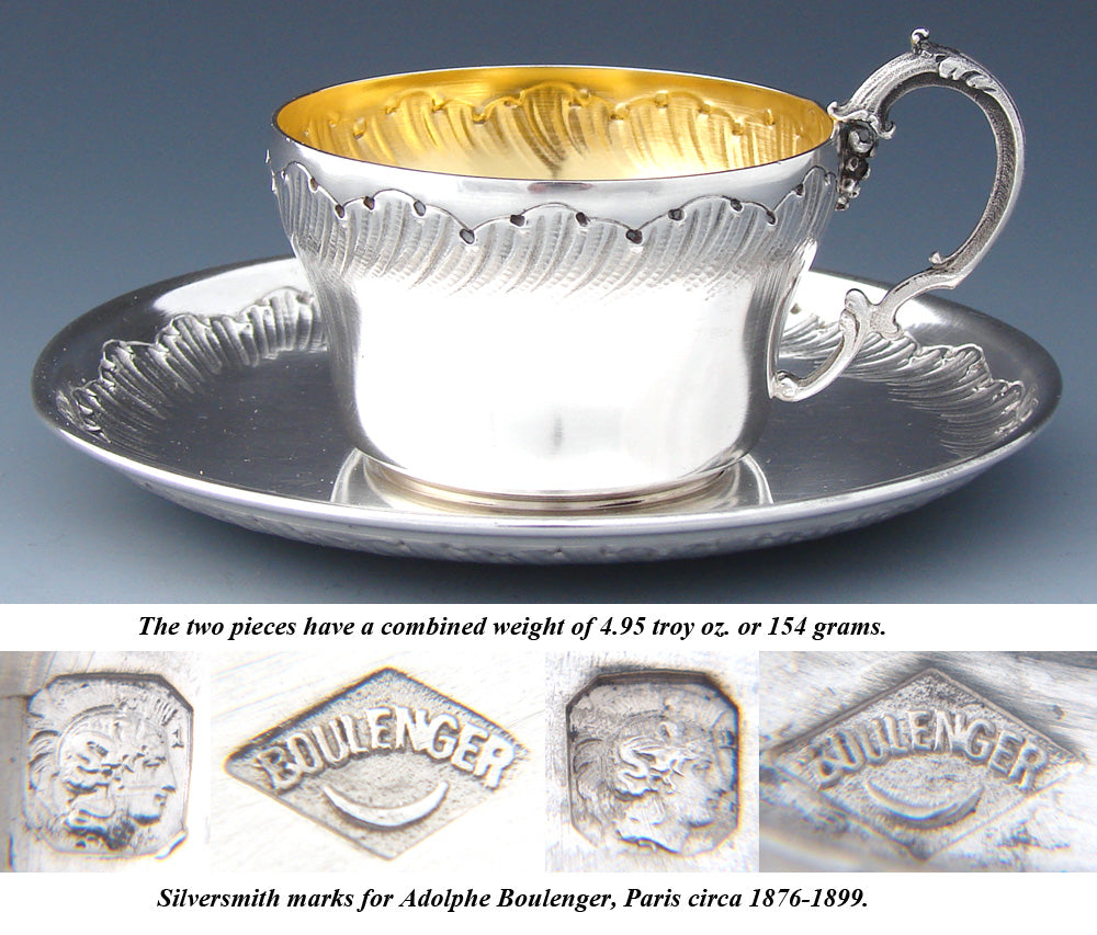 Antique French Sterling Silver Coffee or Tea Cup & Saucer, Louis XV or Rococo Style Decoration