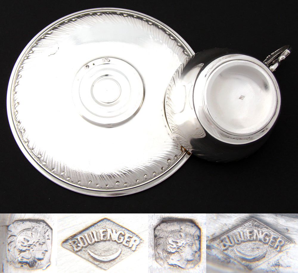 Antique French Sterling Silver Coffee or Tea Cup & Saucer, Louis XV or Rococo Style Decoration