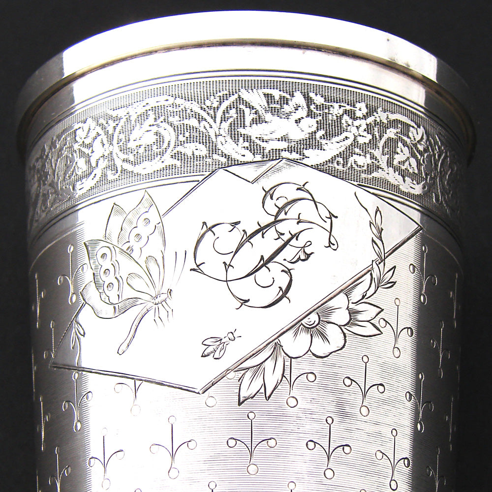 Gorgeous Antique French Sterling Silver Wine or Mint Julep Cup, Tumbler or Timbale, Butterfly