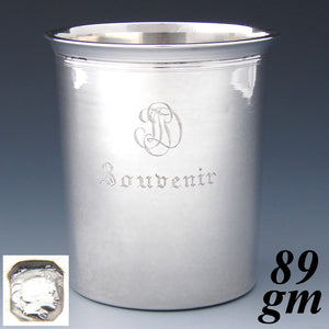 Antique French Sterling Silver Wine or Mint Julep Cup, Tumbler or Timbale, "Souvenir" Inscription