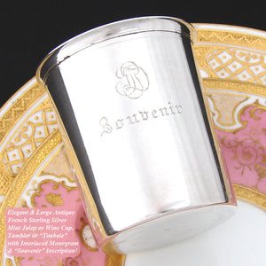 Antique French Sterling Silver Wine or Mint Julep Cup, Tumbler or Timbale, "Souvenir" Inscription