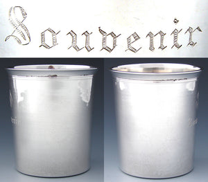 Antique French Sterling Silver Wine or Mint Julep Cup, Tumbler or Timbale, "Souvenir" Inscription