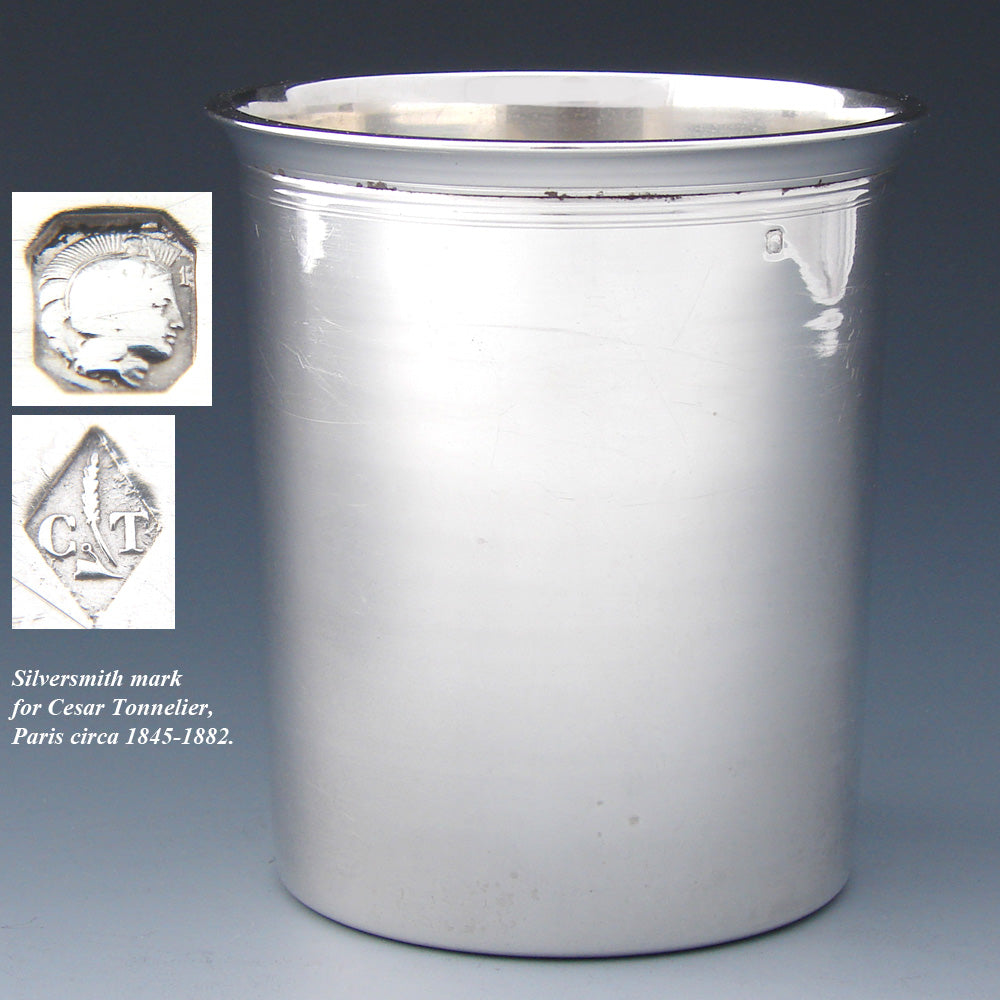 Antique French Sterling Silver Wine or Mint Julep Cup, Tumbler or Timbale, "Souvenir" Inscription