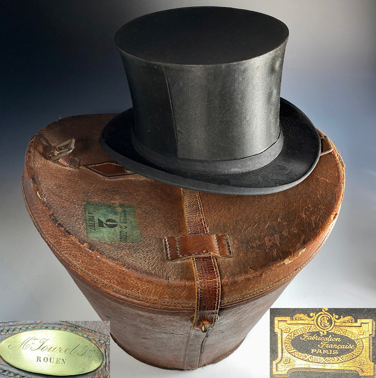 Antique Leather Top Hat Box, Luggage, French Silk Top Hat Inside. Collar Box