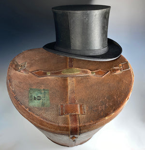 Antique Leather Top Hat Box, Luggage, French Silk Top Hat Inside