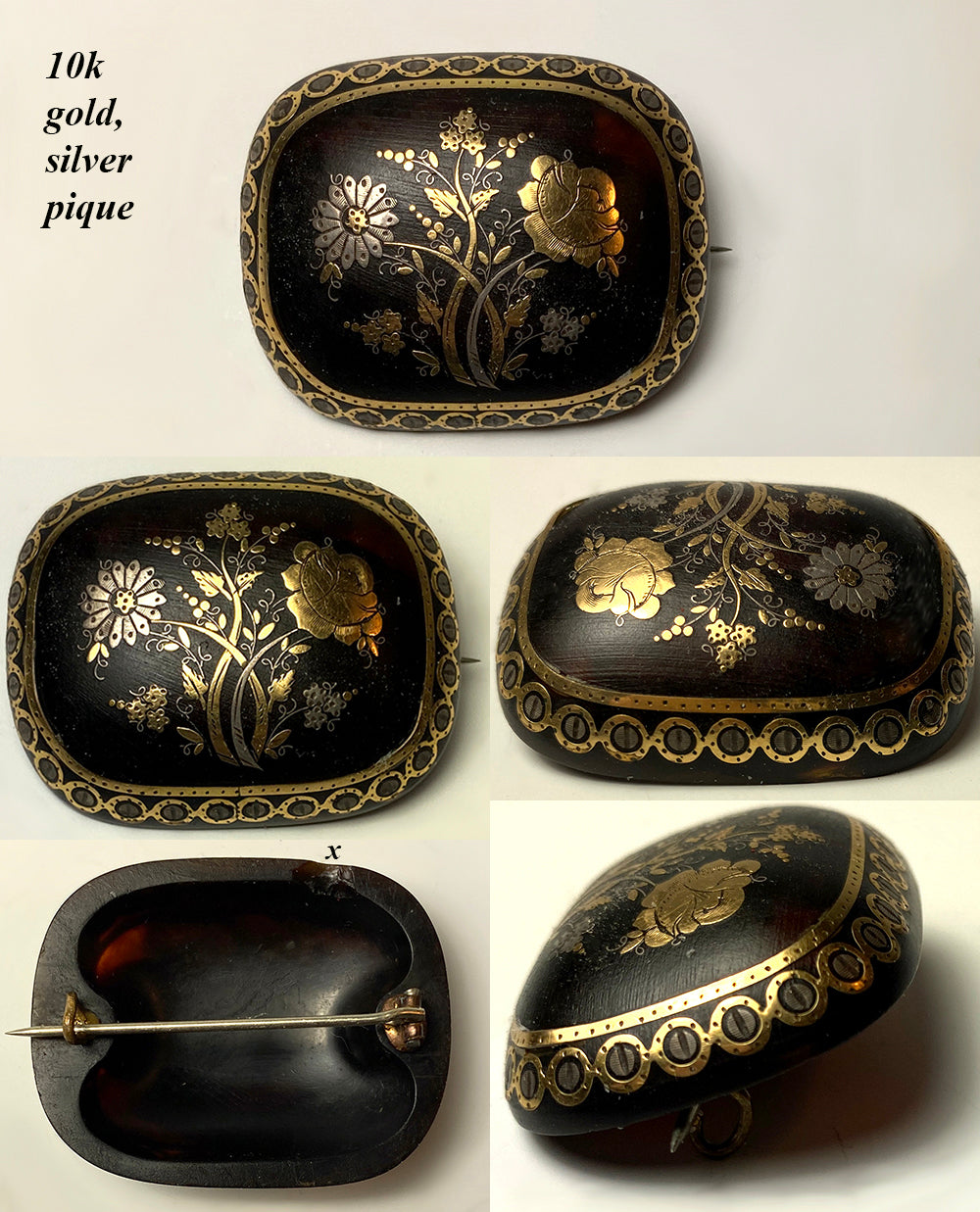 Antique Georgian Mourning Brooch, Tortoise Shell and Silver, 18k Gold Pique
