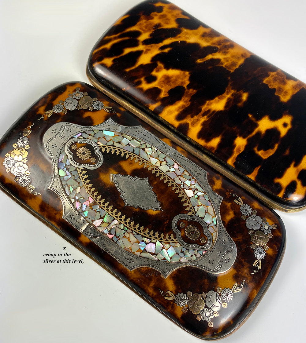 Fine Antique French Cigar Case, Etui, Tortoise Shell, Silver, Mother of Pearl Marquetry, EC