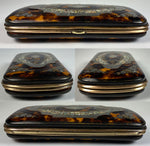 Fine Antique French Cigar Case, Etui, Tortoise Shell, Silver, Mother of Pearl Marquetry, EC