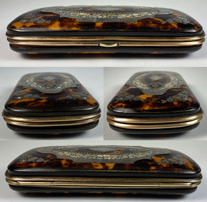 Fine Antique French Cigar Case, Etui, Tortoise Shell, Silver, Mother of Pearl Marquetry, EC