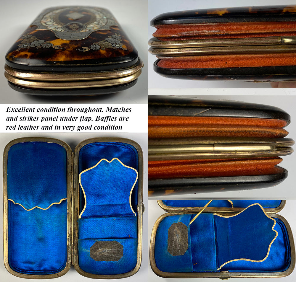 Fine Antique French Cigar Case, Etui, Tortoise Shell, Silver, Mother of Pearl Marquetry, EC