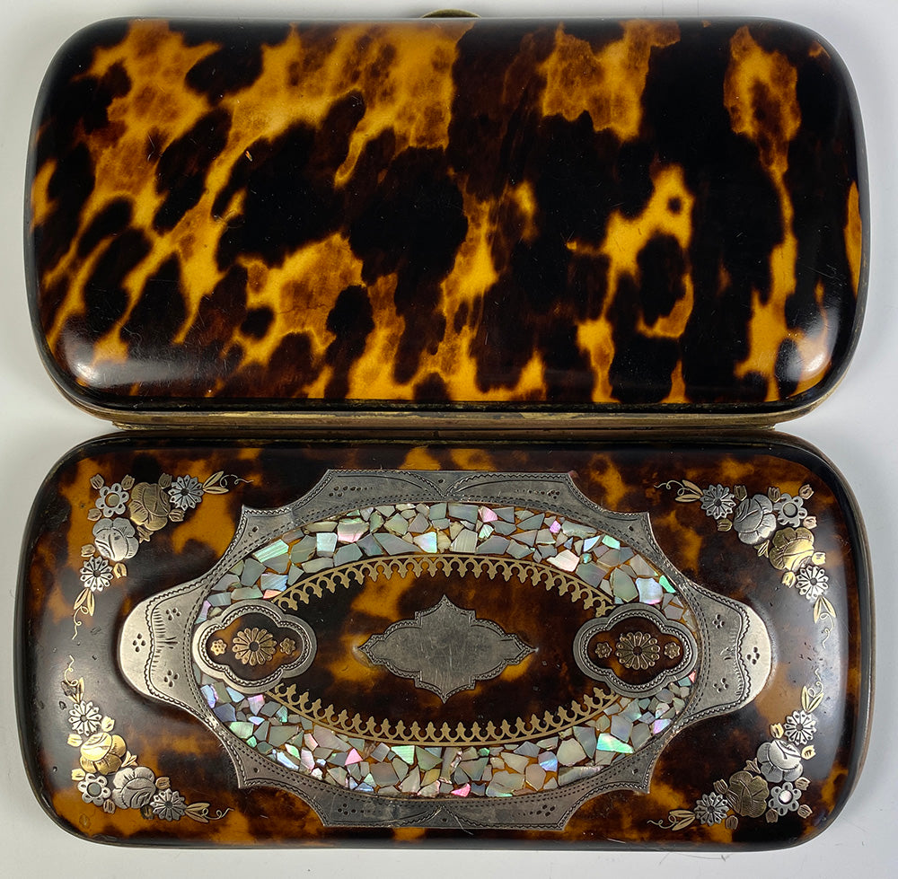 Fine Antique French Cigar Case, Etui, Tortoise Shell, Silver, Mother of Pearl Marquetry, EC