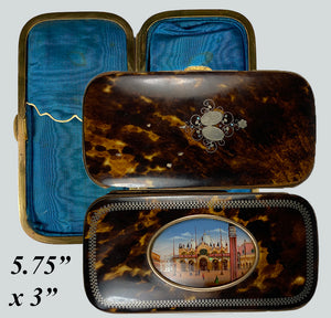Antique Victorian Era Grand Tour Souvenir Cigar Case, Basilica San Marco, Venice View, Tortoise Shell