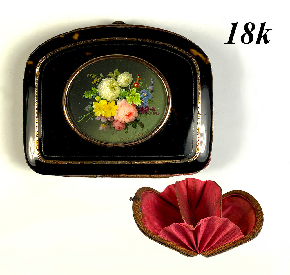 Antique c.1850s Tortoise Shell Coin Purse, 18k Gold Trim and Miniature Painting of Flowers, like TAHAN