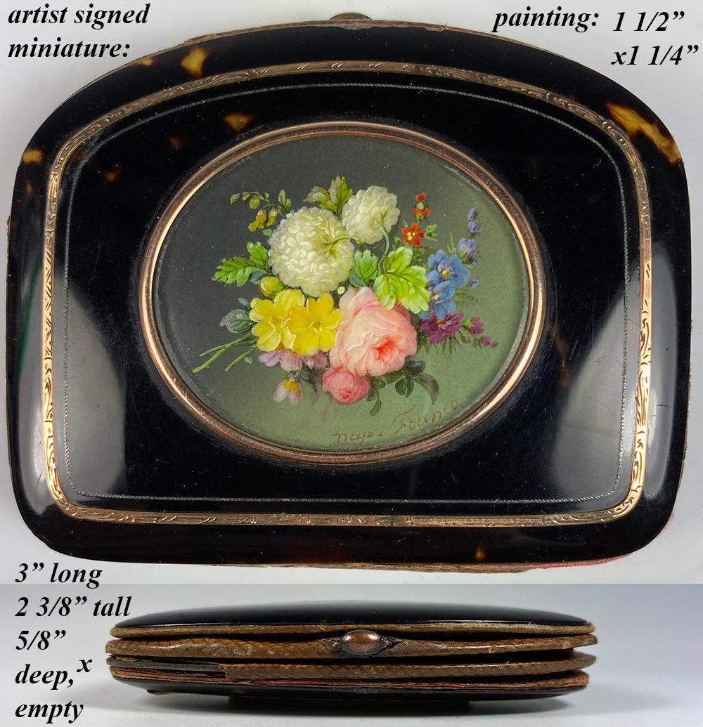 Antique c.1850s Tortoise Shell Coin Purse, 18k Gold Trim and Miniature Painting of Flowers, like TAHAN