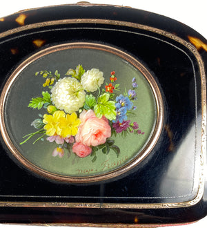 Antique c.1850s Tortoise Shell Coin Purse, 18k Gold Trim and Miniature Painting of Flowers, like TAHAN