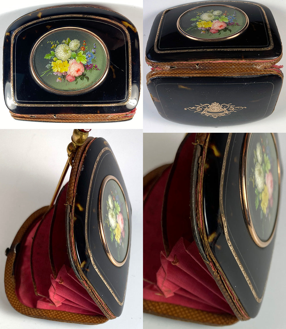 Antique c.1850s Tortoise Shell Coin Purse, 18k Gold Trim and Miniature Painting of Flowers, like TAHAN