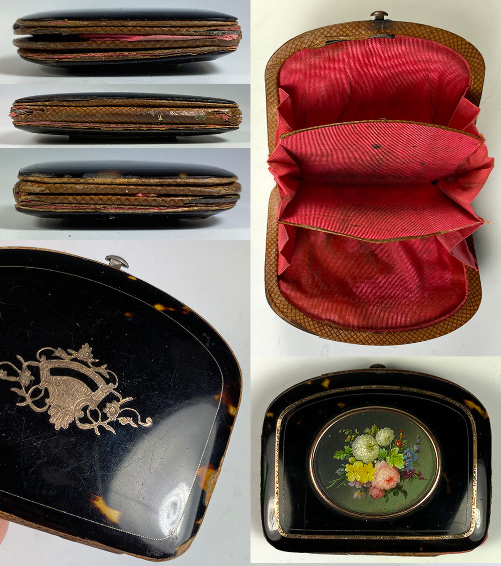 Antique c.1850s Tortoise Shell Coin Purse, 18k Gold Trim and Miniature Painting of Flowers, like TAHAN