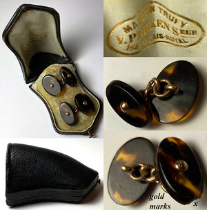 Antique French Palais Royal 9k Gold and Tortoise Shell Cufflinks in Case, Etui, Napoleon III