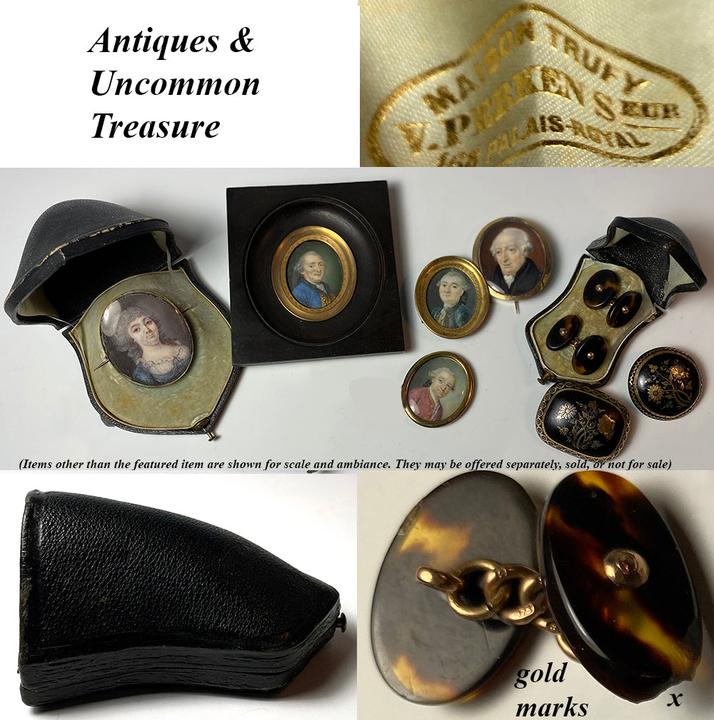 Antique French Palais Royal 9k Gold and Tortoise Shell Cufflinks in Case, Etui, Napoleon III