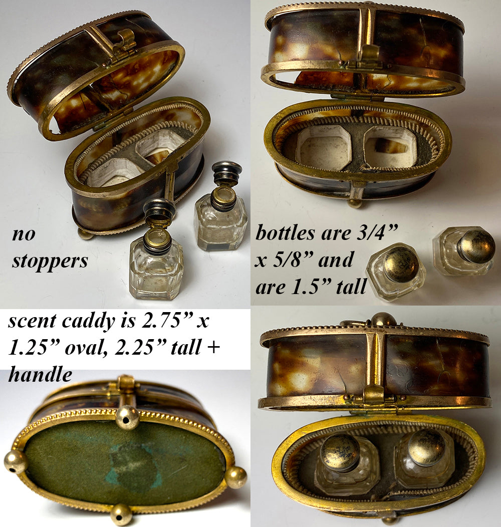 Petit French Antique Scent Caddy, 2 Perfume Bottles in Tortoise Shell Box, Casket