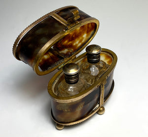 Petit French Antique Scent Caddy, 2 Perfume Bottles in Tortoise Shell Box, Casket