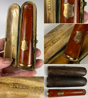 Antique French J. VEYRAT 18k Gold and Amber Cigar Holder in Case, Etui, 3 5/8" Long