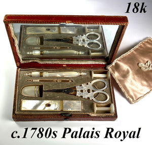 Antique French Palais Royal Mother of Pearl 18k Gold Sewing Set, Etui, c.1780s