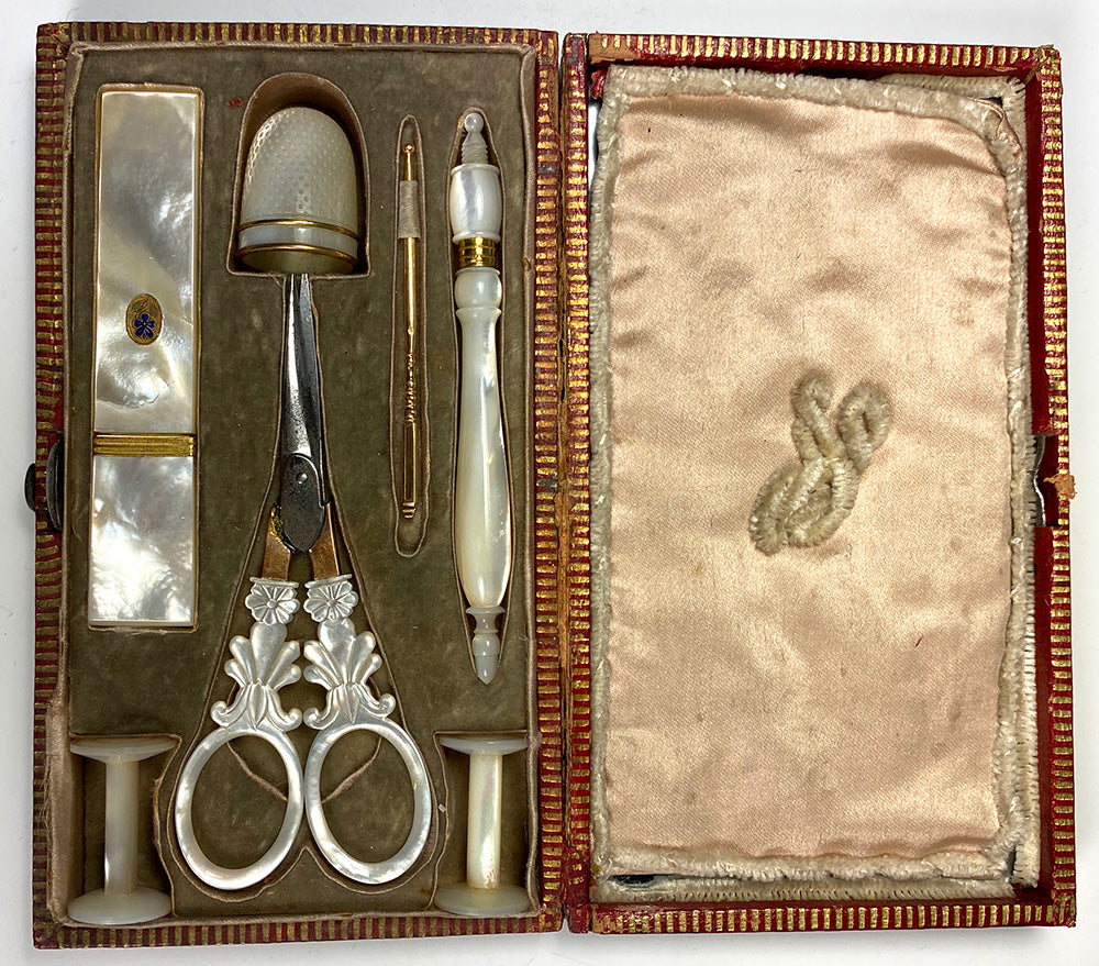 Antique French Palais Royal Mother of Pearl 18k Gold Sewing Set, Etui, –  Antiques & Uncommon Treasure