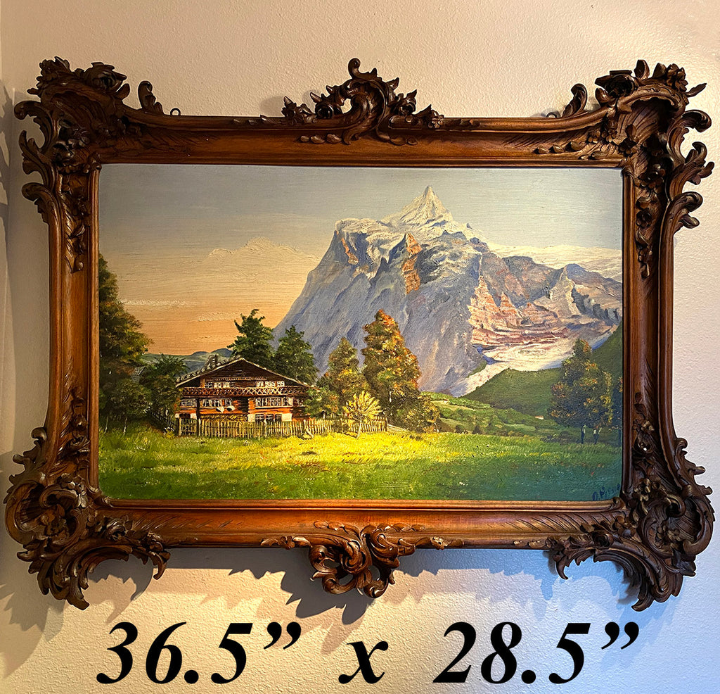 Stunning 36.5" x 28.5" Hand Carved Black Forest Frame, Swiss Chalet Oil Painting
