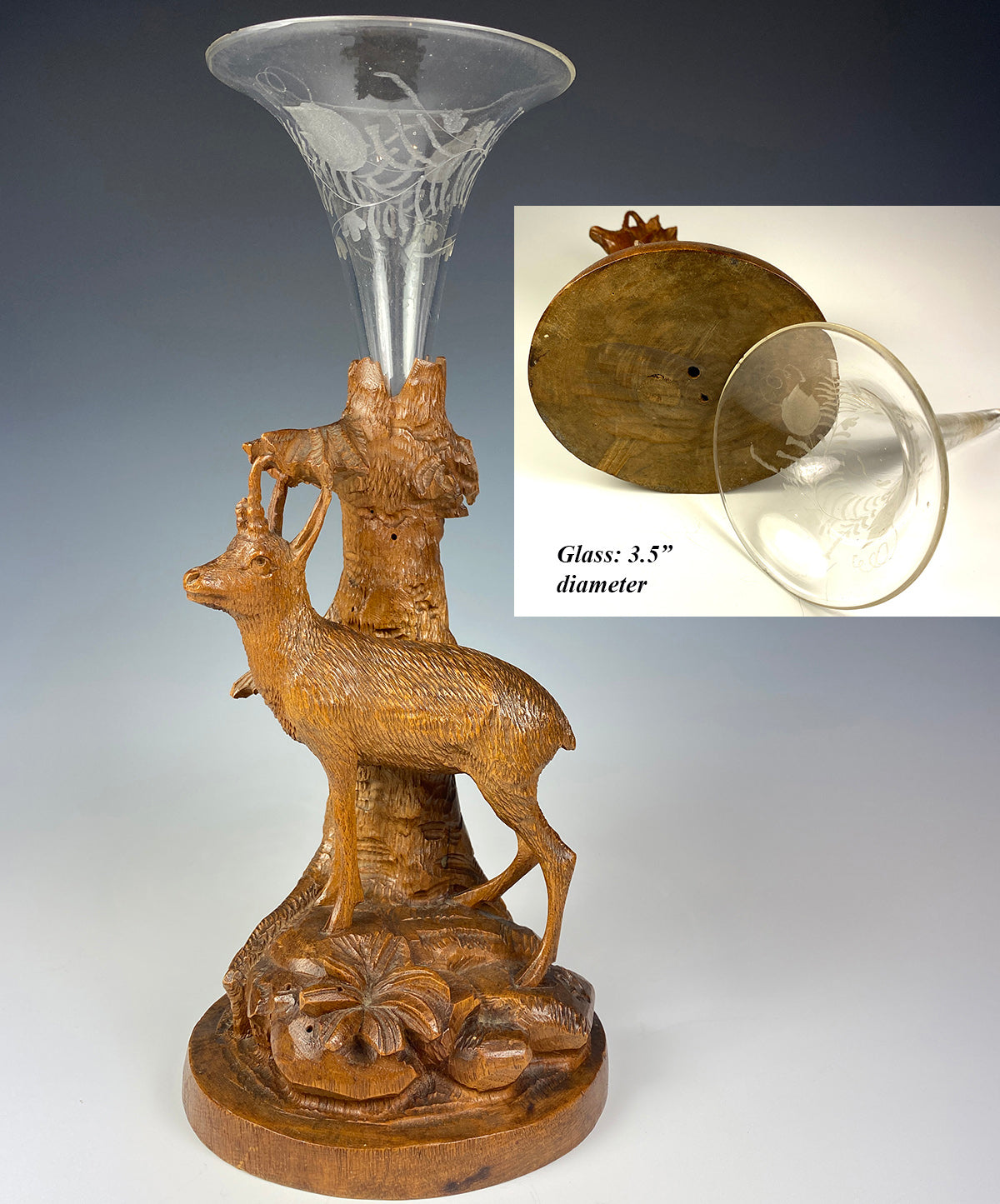 Antique HC Swiss Black Forest Mountain Goat & Tree, Glass Epergne, Vase
