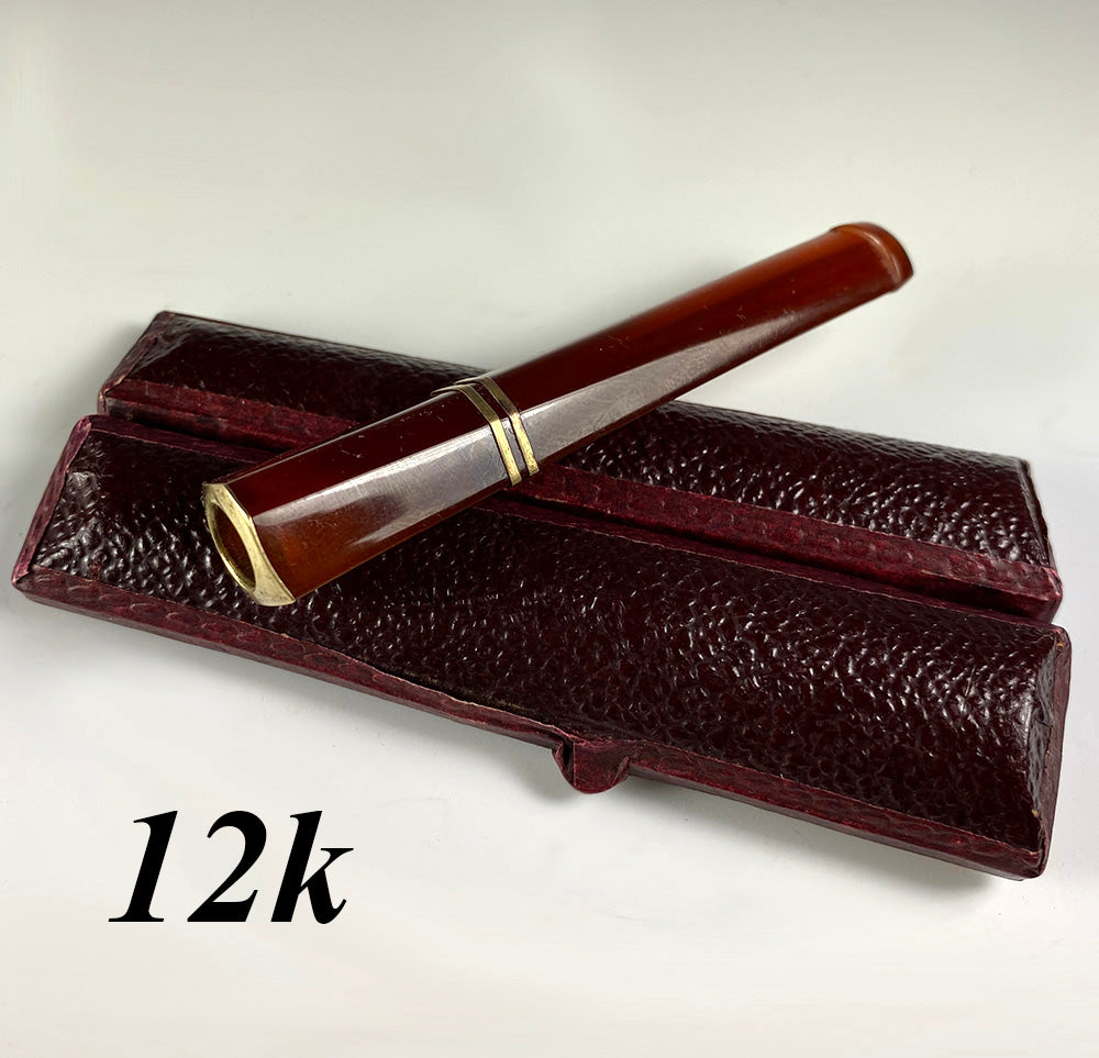 Fine Vintage French Cigarette or Cheroot Holder, Amber and 12k Gold, in Case, Etui