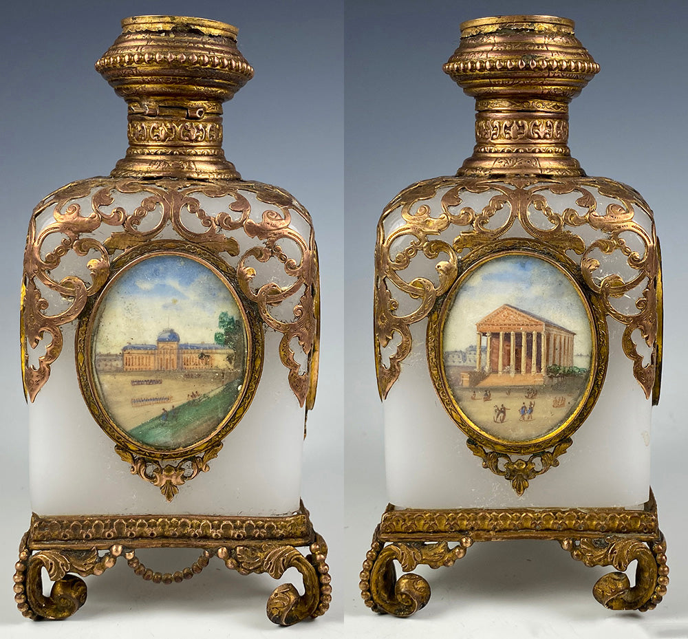 BIG Antique French Grand Tour Souvenir Opaline Scent Bottle, 5 Views of Paris, Eglomise