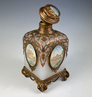 BIG Antique French Grand Tour Souvenir Opaline Scent Bottle, 5 Views of Paris, Eglomise