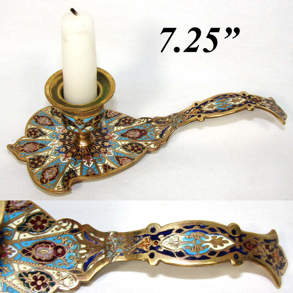 Antique French Napoleon III Era Champleve Enamel Chamberstick, Candle Holder, Decorative Piece