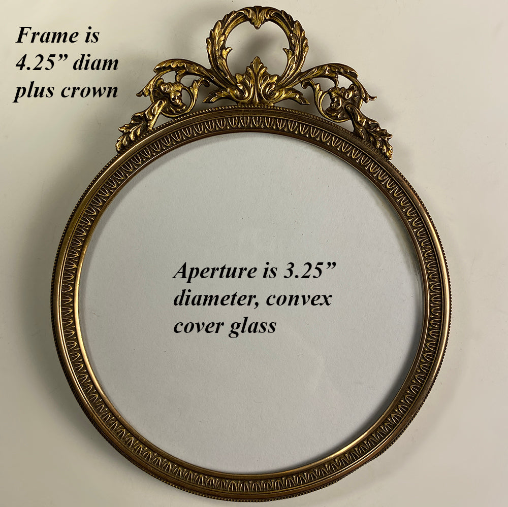 Fine Antique French 4.5" Round Bronze Photo or Miniature Portrait Frame, 1800s.