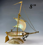 Antique French Grand Tour Souvenir, Mother of Pearl 8" Tall Sail Boat, Anchor, Pocket Watch Holder