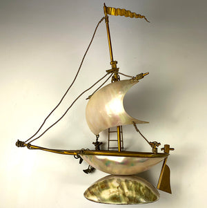 Antique French Grand Tour Souvenir, Mother of Pearl 8" Tall Sail Boat, Anchor, Pocket Watch Holder