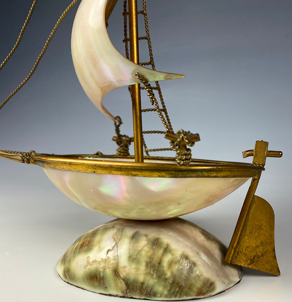 Antique French Grand Tour Souvenir, Mother of Pearl 8" Tall Sail Boat, Anchor, Pocket Watch Holder