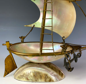 Antique French Grand Tour Souvenir, Mother of Pearl 8" Tall Sail Boat, Anchor, Pocket Watch Holder